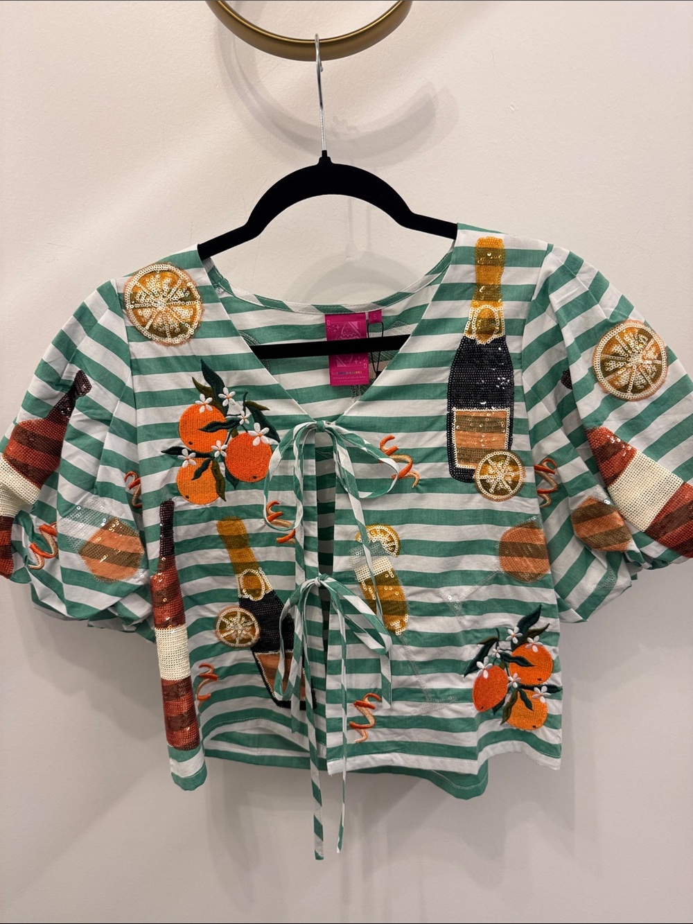 QUEEN OF SPARKLES Green & White Striped Tie-Front Citrus Tee